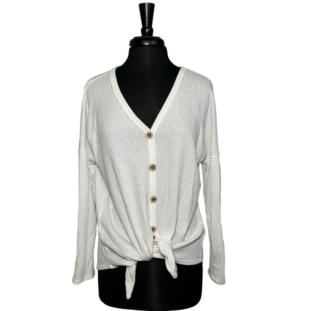 Bibi White Long Sleeve Waffle Knit Front Tie Button Top Size Large